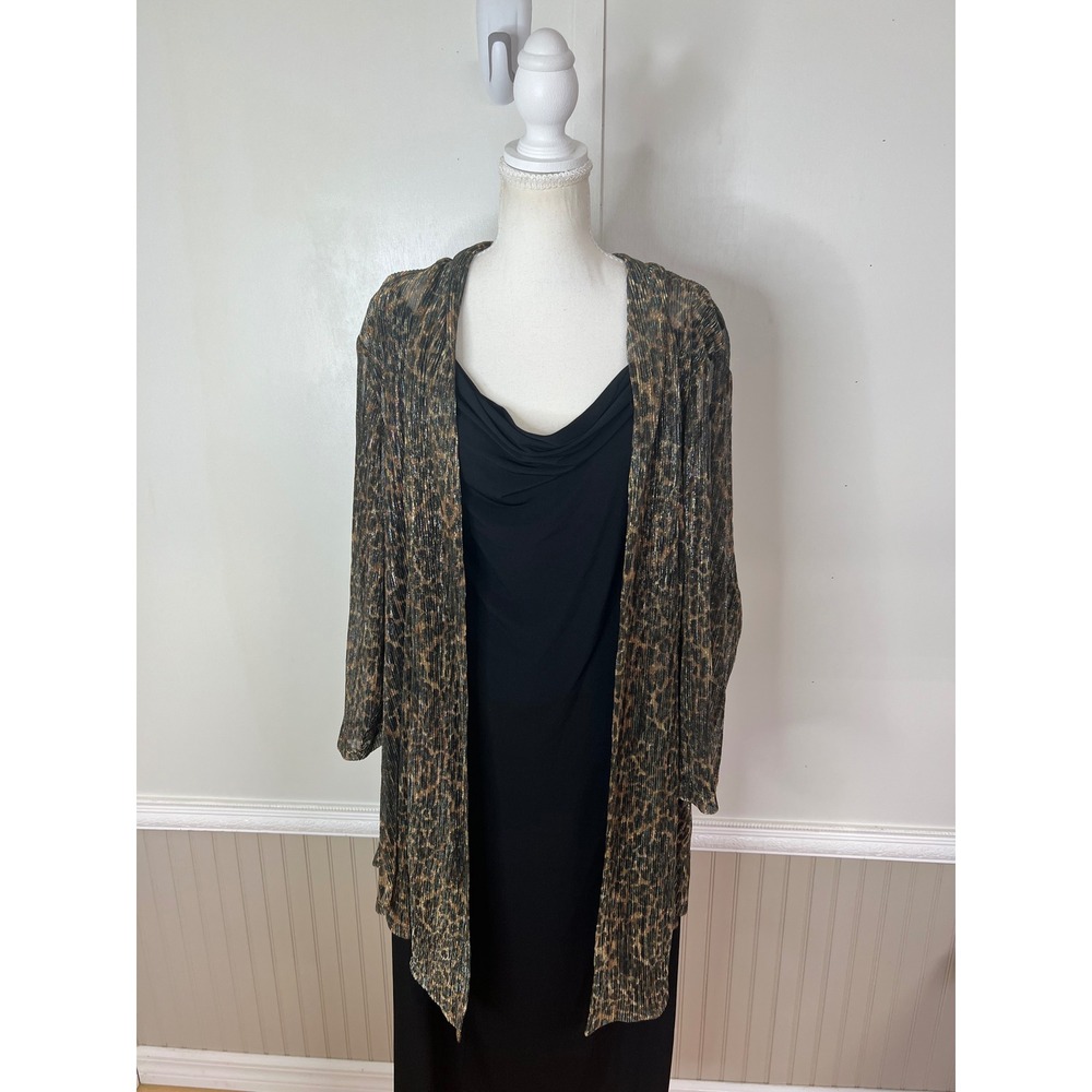 Connected Apparel Womens 20W Leopard Metallic Pleated Jacket Dress Black Gold